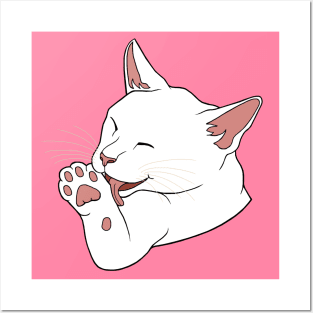 White Cat Licking their Toe Beans Posters and Art